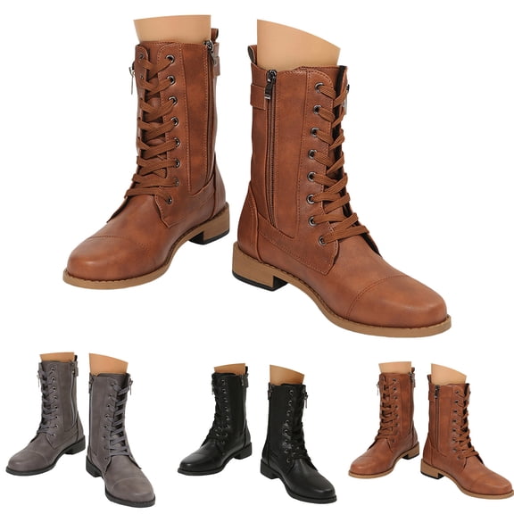 Pandaie Women's Combat Boots Lace up Motorcycle Riding Ankle Booties Side Zipper Lug Sole Buckle Mid Calf Fall Winter Shoes Black 6