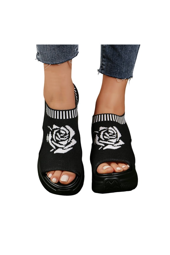 Women's Comfortable Platform Walking Sandals Flower Embroidery Open Toe Slingback Slip on Sneakers Breathable Mesh Summer Sports Shoes Black Size 7.5