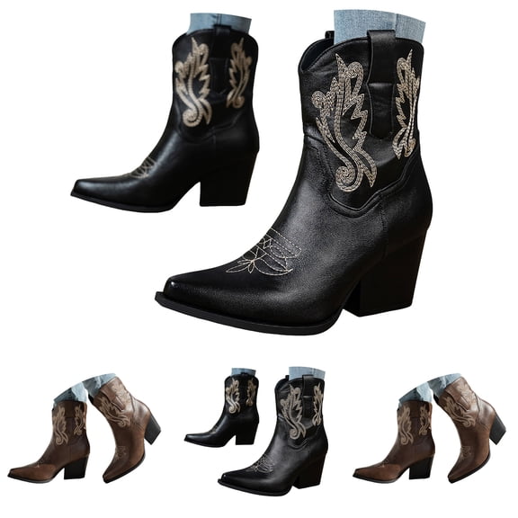 Pandaie Women's Cowboy Cowgirl Western Boots Embroidered Pointed Toe Ankle Booties Ladies Slip on Dress Fall Winter Work Shoes Black 8.5
