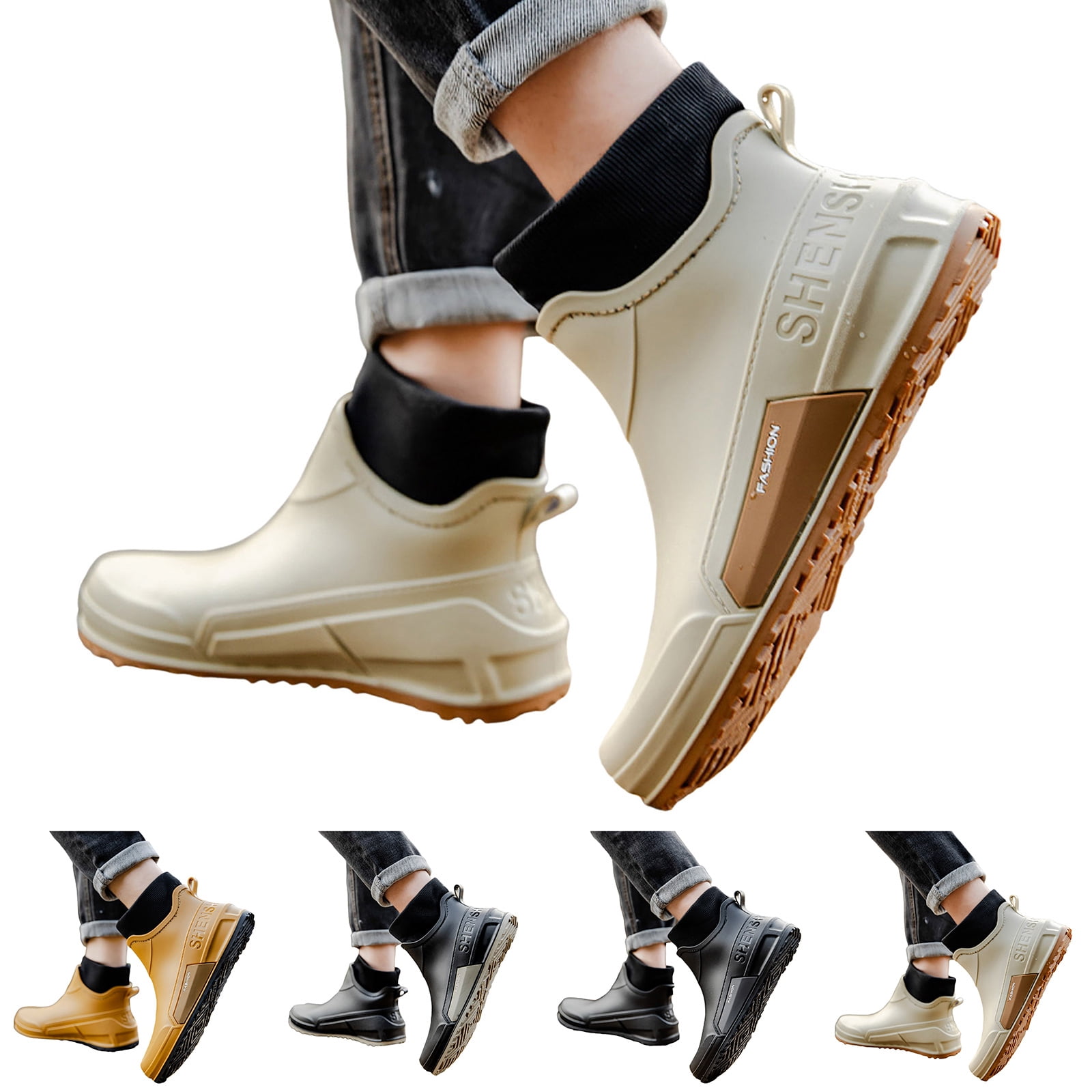 Pandaie Women's Deck Boots Waterproof Ankle Rain Boots Outdoor Fishing Garden Shoes Lightweight Anti Slip Work Rainboots Booties Beige 9.5