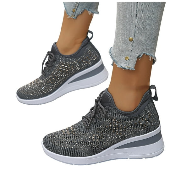 Pandaie Women's Fashion Sneakers Rhinestone Platform Wedge Casual Walking Shoes Breathable Sequin Slip on Wedding Bride Dress Shoes Grey 7