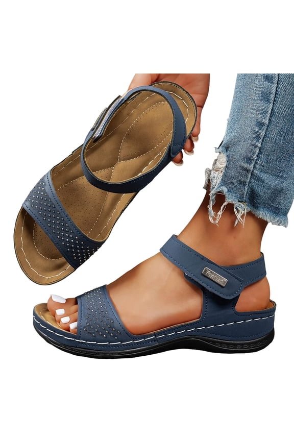 Women's Flat Sandals with Arch Support Comfortable Dressy Walking Hiking Sandal Quick Drying Casual Low Wedge Summer Shoes with Hook and Loop Straps Blue Size 5.5