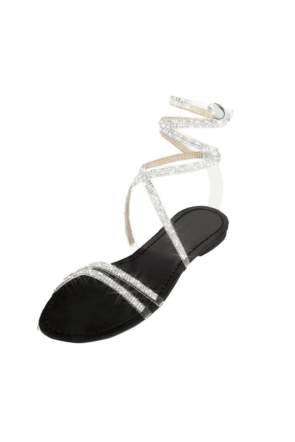 Women's Flat Sandals Rhinestone Strappy Gladiators Open Toe Slip on Slides Lace up Casual Beach Summer Walking Shoes Black Size 9.5