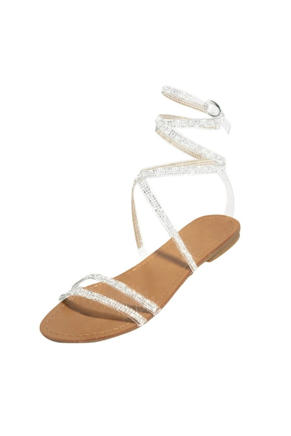 Women's Flat Sandals Rhinestone Strappy Gladiators Open Toe Slip on Slides Lace up Casual Beach Summer Walking Shoes White Size 7.5