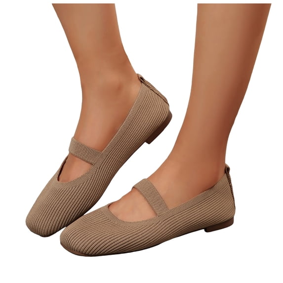 Pandaie Women's Flats Closed Round Toe Mary Jane Shoes Comfortable Slip on Knit Ballet Dress Flat Loafers Ladies Causal Work Walking Shoe Khaki Size 7.5