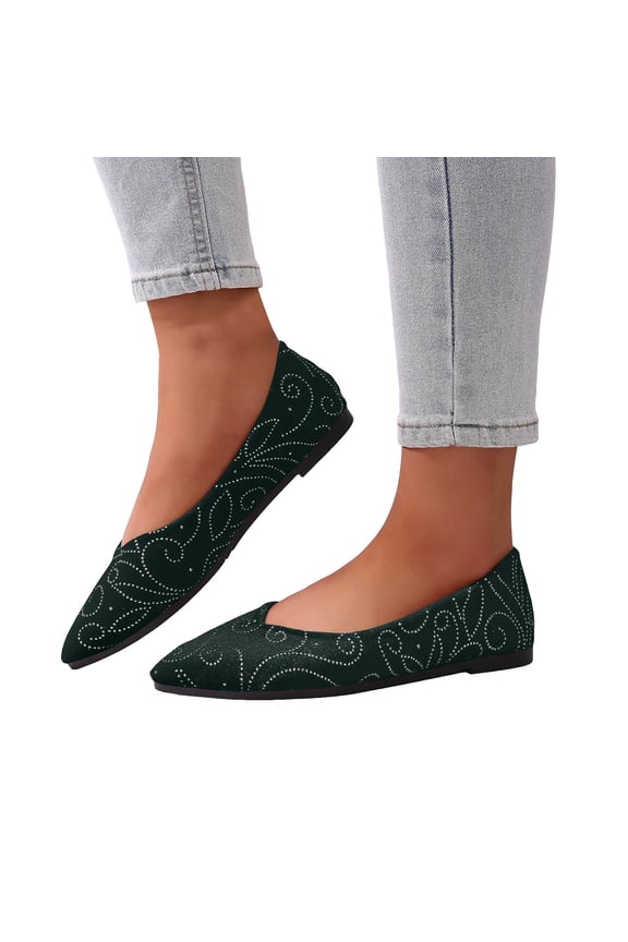 Women's Flats Knit Comfort Pointed Toe Ballet Flats Shoes Rhinestone Casual Slip on Walking Driving Work Shoes Green 8.5