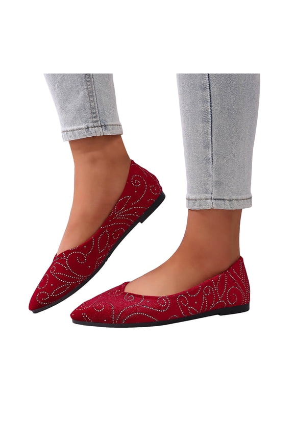 Women's Flats Knit Comfort Pointed Toe Ballet Flats Shoes Rhinestone Casual Slip on Walking Driving Work Shoes Red 9.5