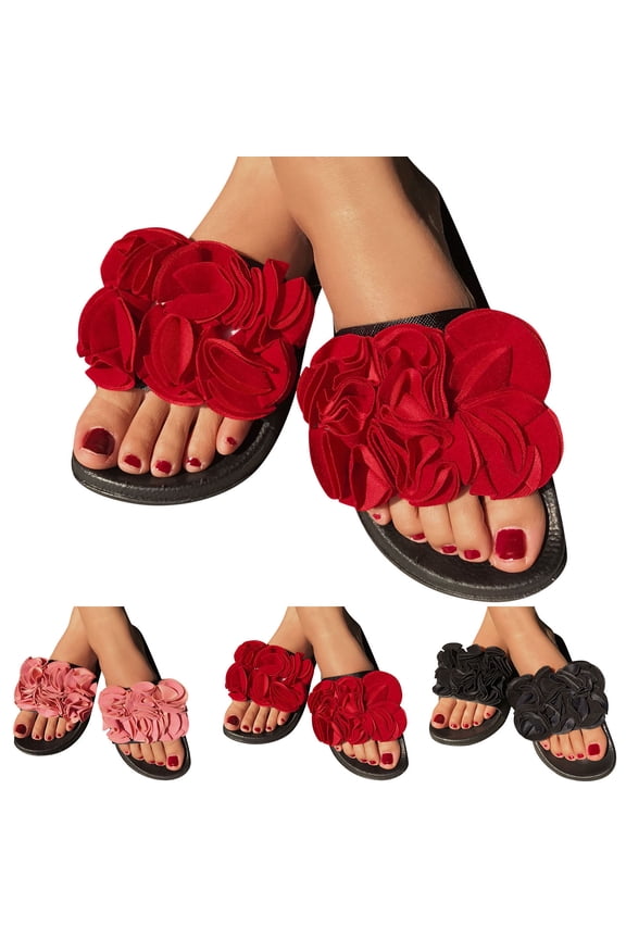 Women's Flower Flat Sandals Yoga Mat Dressy Open Toe Slip on Slides 2026 Comfortable Summer Beach Walking Slippers Shoes Black Size 7