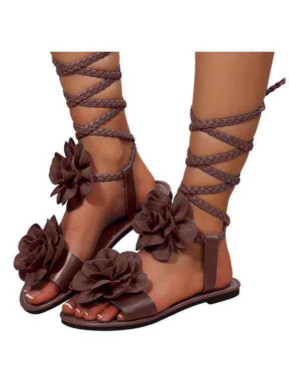 Women's Flower Lace Up Sandals Braided Strappy Tie up Flat Sandal Lightweight Open Toe Floral Beach Slide Shoes 2026 Brown Size 8.5