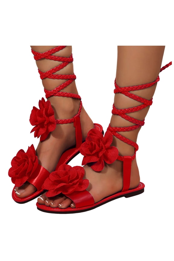 Women's Flower Lace Up Sandals Braided Strappy Tie up Flat Sandal Lightweight Open Toe Floral Beach Slide Shoes 2026 Red Size 7