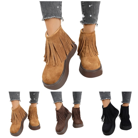 Pandaie Women's Fringe Ankle Boots Suede Tassel Platform Snow Booties Fleece Lined Wide Calf Zipper Slip on Winter Shoes Black 9.5