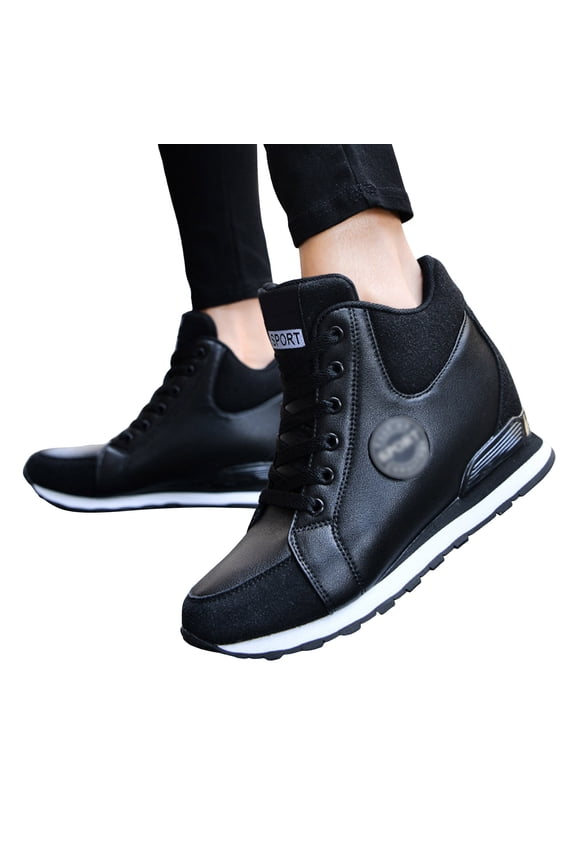 Women's Hidden Wedge Sneakers Platform Lace up High Top Walking Shoes Lightweight Casual Tennis Work Fashion Sneaker Black 8