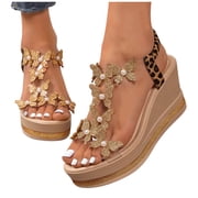 Pandaie Womens High Heel Wedge Sandals Fashion Butterfly Rhinestones Platform Slides Elastic Strap Boho Summer Beach Shoes Brown,7
