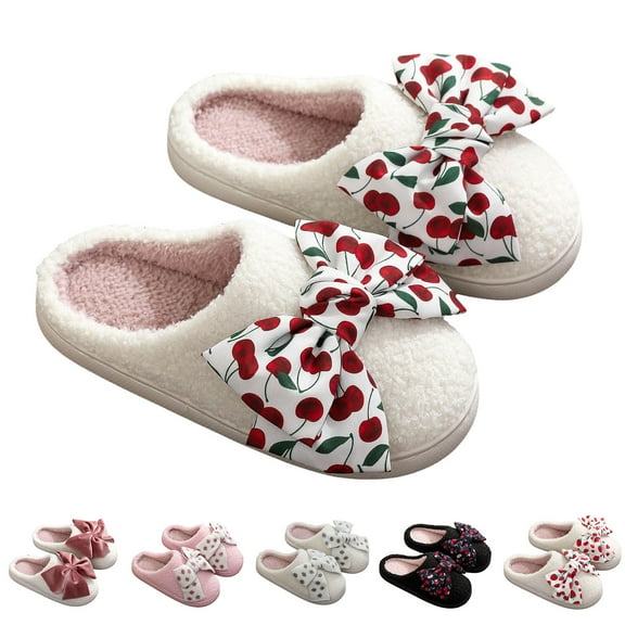 Pandaie Women's House Slippers Cute Bow Fleece Lined Fuzzy Bedroom Slip on Shoes Warm Memory Foam Indoor Outdoor Winter Slides White 8