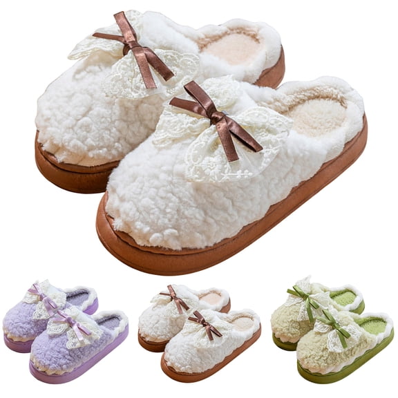 Pandaie Women's House Slippers Memory Foam Plush Cute Bow Fuzzy Shoes Furry Comfy Indoor Outdoor Non Slip Slides Gifts for Ladies Green 8