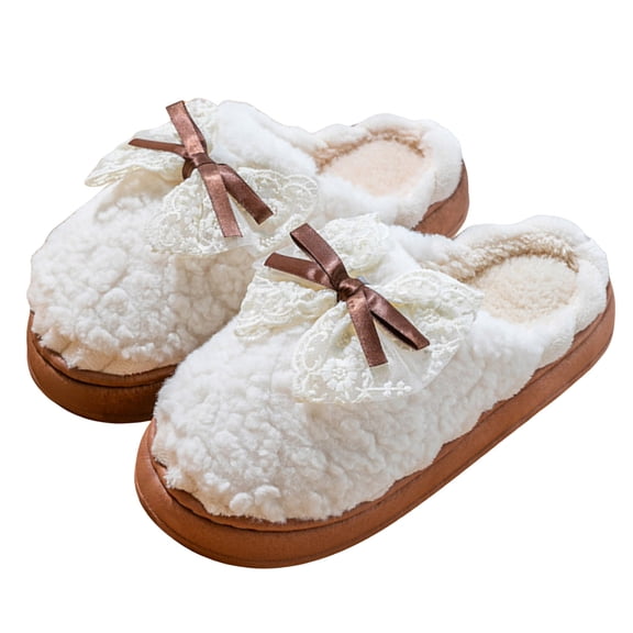Pandaie Women's House Slippers Memory Foam Plush Cute Bow Fuzzy Shoes Furry Comfy Indoor Outdoor Non Slip Slides Gifts for Ladies White 8