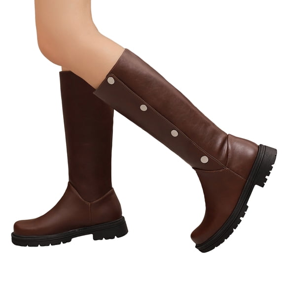 Pandaie Women's Knee High Boots Platform Lug Sole Tall Riding Boots Stretch Wide Calf Foldover Pull on Dress Long Boots Brown 9