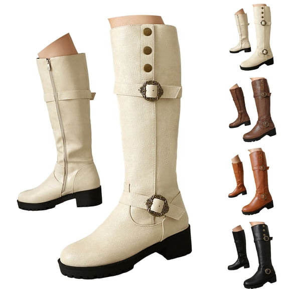 Pandaie Women's Knee High Boots Retro Platform Chunky Heel Western Tall Boot Buckles Motorcycle Riding Winter Shoes with Side Zipper Beige 6