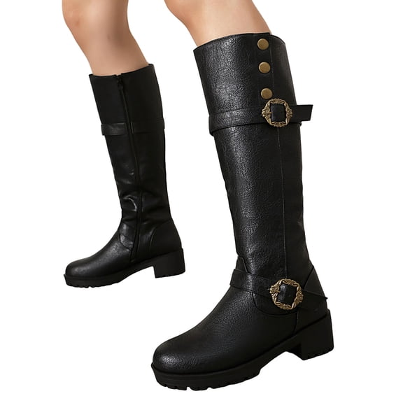 Pandaie Women's Knee High Boots Retro Platform Chunky Heel Western Tall Boot Buckles Motorcycle Riding Winter Shoes with Side Zipper Black 9