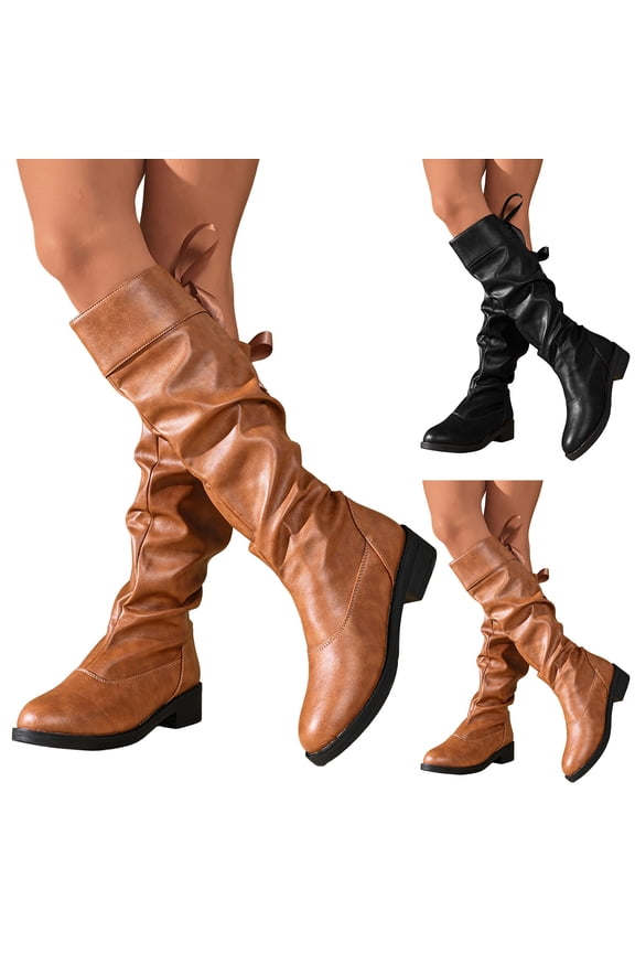 Women's Knee High Boots Wide Calf Platform Slouchy Tall Long Boot Round Toe Fall Winter Flat Riding Walking Shoes Black 6.5