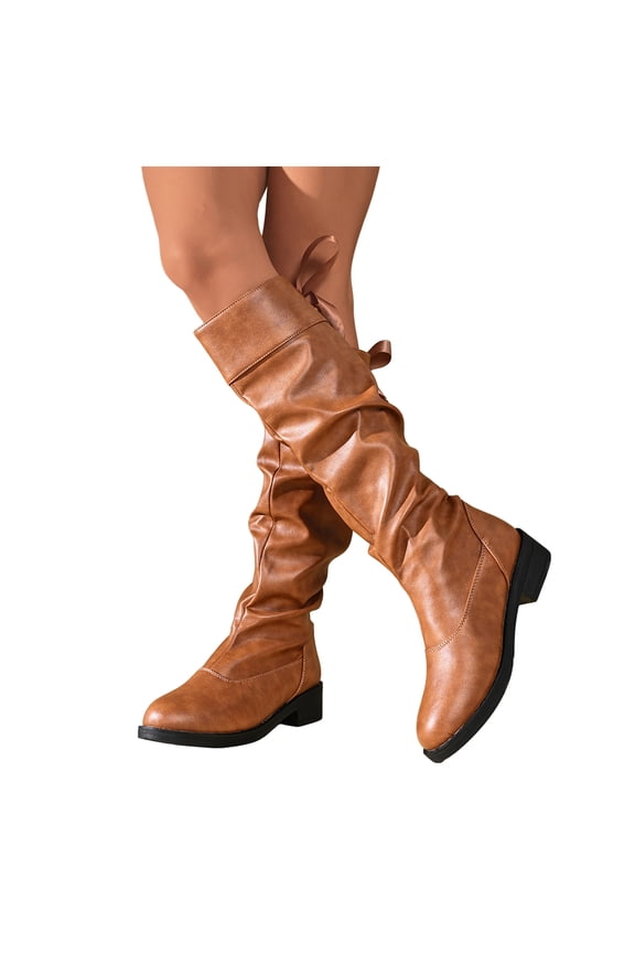 Women's Knee High Boots Wide Calf Platform Slouchy Tall Long Boot Round Toe Fall Winter Flat Riding Walking Shoes Brown 9
