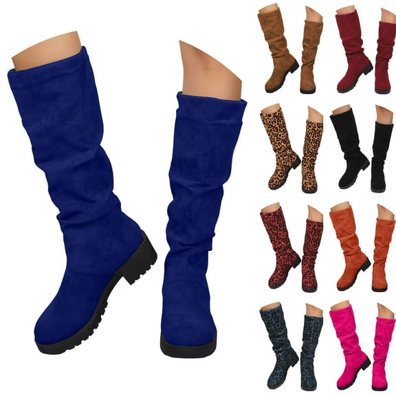 Pandaie Women's Knee High Boots Wide Calf Slouchy Riding Long Boots Chunky Block Heel Pull on Fall Winter Shoes Black 5.5