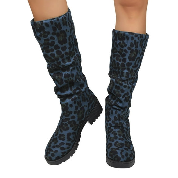 Pandaie Women's Knee High Boots Wide Calf Slouchy Riding Long Boots Chunky Block Heel Pull on Fall Winter Shoes Blue 5.5