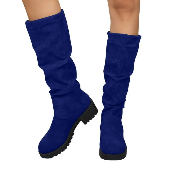 Pandaie Women's Knee High Boots Wide Calf Slouchy Riding Long Boots Chunky Block Heel Pull on Fall Winter Shoes Blue 7.5