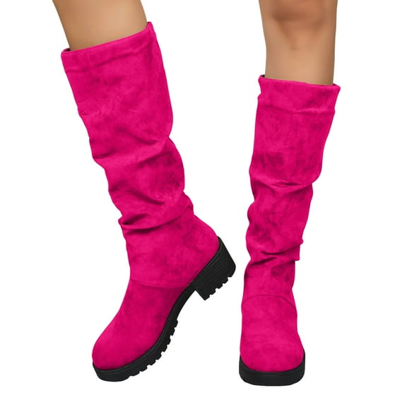 Pandaie Women's Knee High Boots Wide Calf Slouchy Riding Long Boots Chunky Block Heel Pull on Fall Winter Shoes Pink 8.5