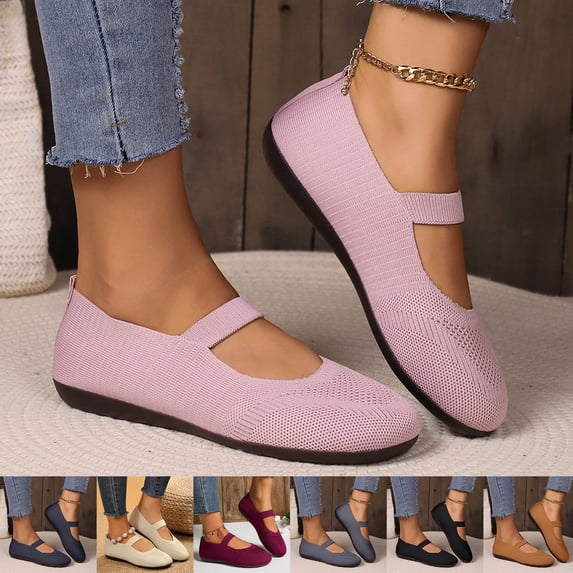 Pandaie Women's Knit Ballet Flats Comfortable Slip on Round Toe Casual Shoes with Elastic Strap & Non Slip Sole for Walking Driving Dressy Black 6.5