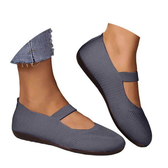 Pandaie Women's Knit Ballet Flats Comfortable Slip on Round Toe Casual Shoes with Elastic Strap & Non Slip Sole for Walking Driving Dressy Grey 9