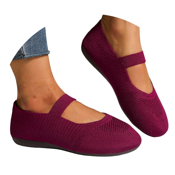 Pandaie Women's Knit Ballet Flats Comfortable Slip on Round Toe Casual Shoes with Elastic Strap & Non Slip Sole for Walking Driving Dressy Wine 7