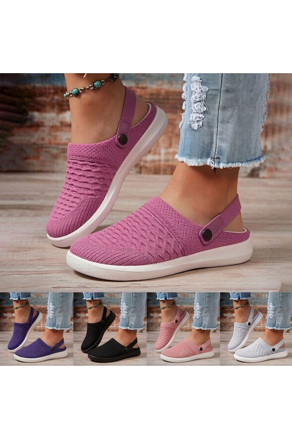 Women's Knit Orthopedic Mule Clogs Breathable Backless Sneakers Casual Walking Casual Flats Shoes with Adjustable Back Strap (Black,7.5)