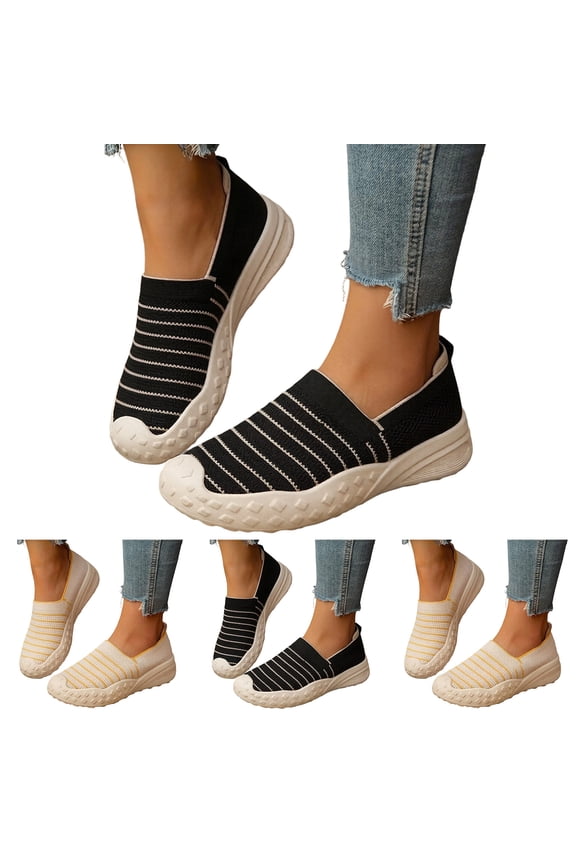 Women's Knit Slip on Walking Shoes Stripes Orthopedic Casual Sneakers with Arch Support Comfortable Work Flats Loafers (Beige,8)