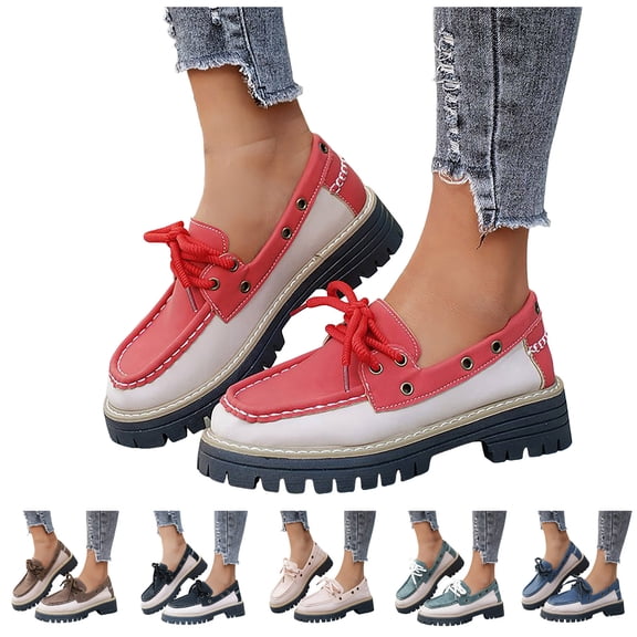 Pandaie Women's Lace up Loafers Comfortable Chunky Slip on Dress Shoes Platform Lug Sole Office Business Work Oxfords Shoes Black 6.5