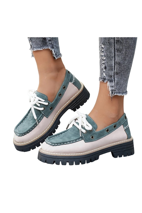 Women's Lace up Loafers Comfortable Chunky Slip on Dress Shoes Platform Lug Sole Office Business Work Oxfords Shoes Green 6