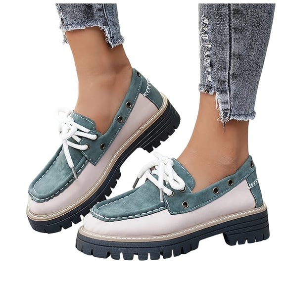 Pandaie Women's Lace up Loafers Comfortable Chunky Slip on Dress Shoes Platform Lug Sole Office Business Work Oxfords Shoes Green 9.5