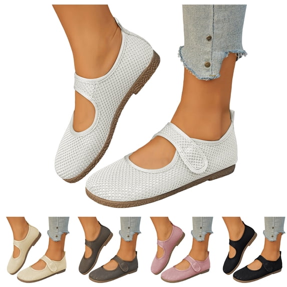 Pandaie Women's Mary Jane Flats Mesh Knit Breathable Casual Dress Shoes Walking Comfortable Slip on Work Loafers (Beige,6)