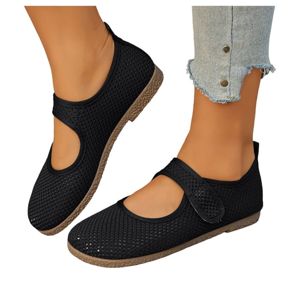 Pandaie Women's Mary Jane Flats Mesh Knit Breathable Casual Dress Shoes Walking Comfortable Slip on Work Loafers (Black,7)
