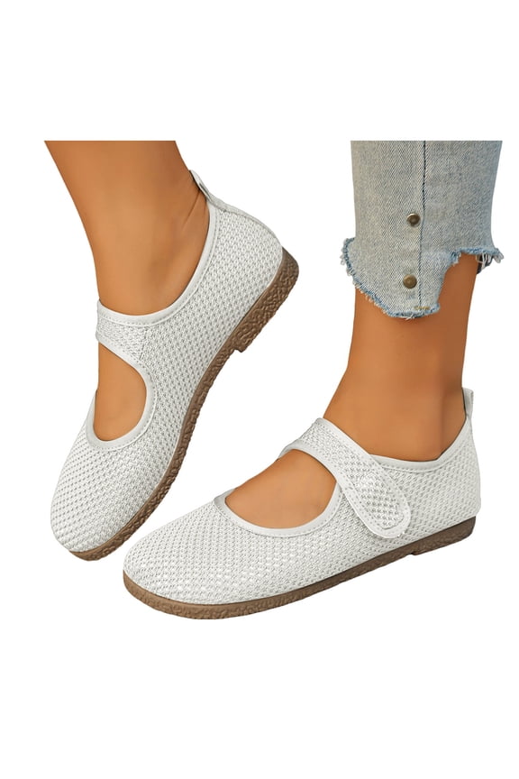 Women's Mary Jane Flats Mesh Knit Breathable Casual Dress Shoes Walking Comfortable Slip on Work Loafers (White,7)