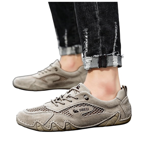 Pandaie Women's Men's Leather Mesh Trail Shoes for Hiking Walking Lightweight Breathable Barefoot Summer Sports Retro Sneakers Khaki,10
