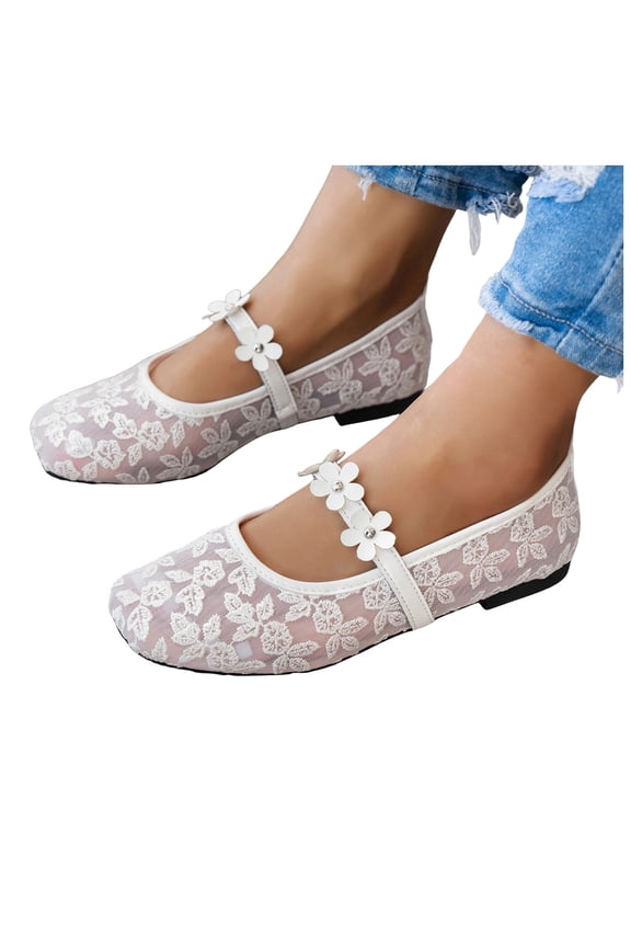 Women's Mesh Ballet Flats Comfortable Dressy Square Closed Toe Mary Jane Embroidery Flower Slip on Casual Loafers (White,8)