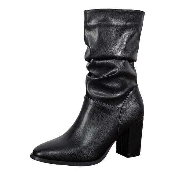 Pandaie Women's Mid Calf Chunky Heel Short Boots Party Daily Work Fashion Classic PU Slouchy Booties Fall Walking Shoes Black 8
