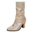 thumbnail image 1 of Pandaie Women's Mid Calf Chunky Heel Short Boots Party Daily Work Fashion Classic PU Slouchy Booties Fall Walking Shoes Gold 6, 1 of 6