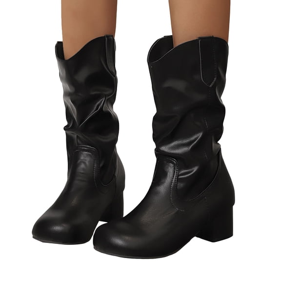 Pandaie Women's Mid Calf Western Boots Cowboy Cowgirl Slouchy Short Booties Chunky Heel Pull on Dress Outdoor Fall Shoes Black 5