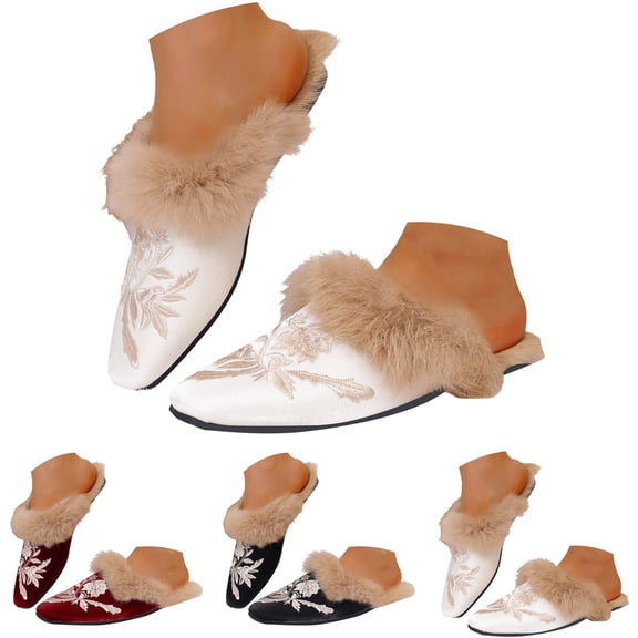 Pandaie Women's Mule Slippers Embroidered Square Toe Slip on Loafers Fleece Lined Backless Flat Shoes Indoor Outdoor Casual Slides Black 8.5