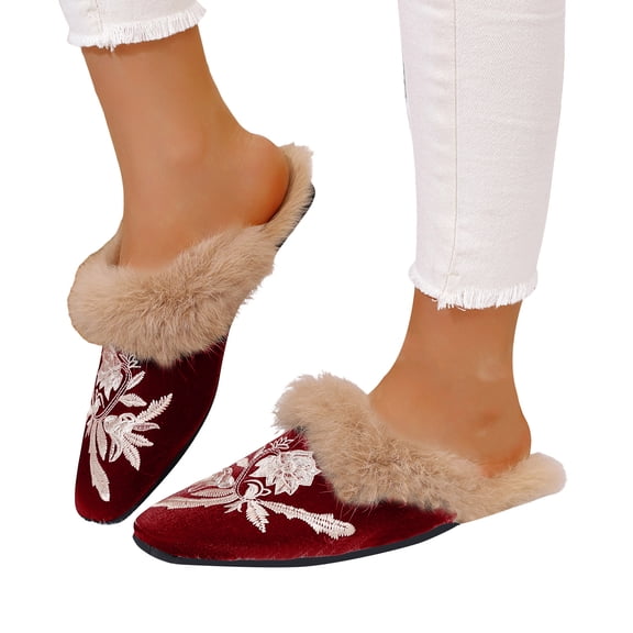 Pandaie Women's Mule Slippers Embroidered Square Toe Slip on Loafers Fleece Lined Backless Flat Shoes Indoor Outdoor Casual Slides Wine 8.5