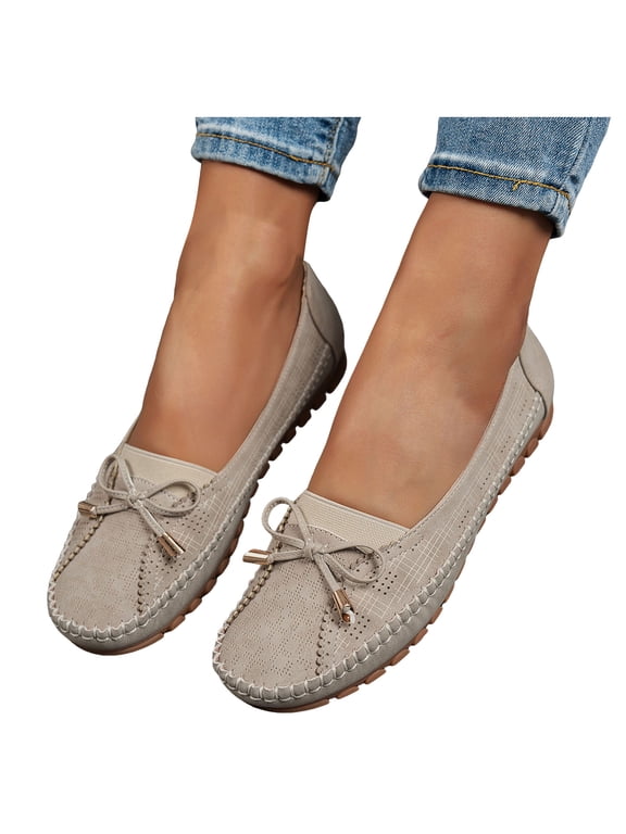Women's Orthopedic Leather Loafers Comfortable Casual Slip on Flats Shoes Rubber Sole Bow Walking Driving Dressy Moccasins Beige Size 7.5