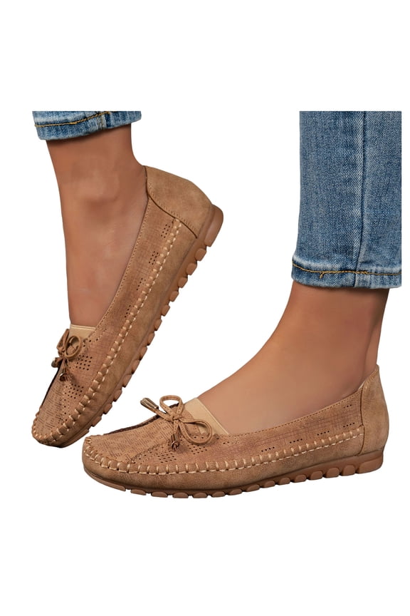 Women's Orthopedic Leather Loafers Comfortable Casual Slip on Flats Shoes Rubber Sole Bow Walking Driving Dressy Moccasins Khaki Size 8