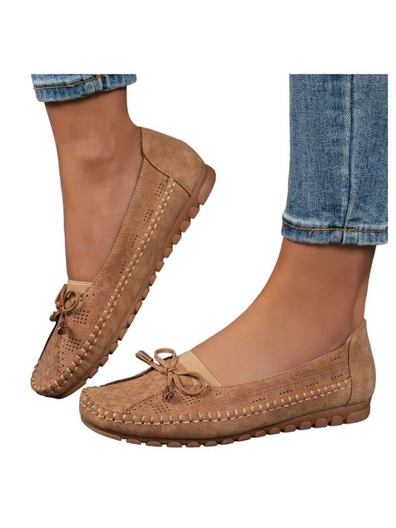 Women's Orthopedic Leather Loafers Comfortable Casual Slip on Flats Shoes Rubber Sole Bow Walking Driving Dressy Moccasins Khaki Size 9.5